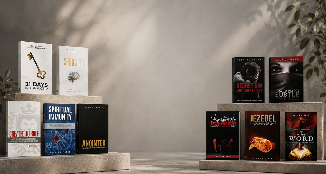 Premium Christian books collection by Leon du Preez featuring prophetic teaching books, devotionals, and study resources displayed in a modern editorial setting